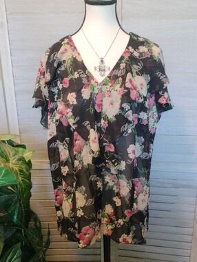 🌹 Women's Chaps Floral Blouse - Size 1X - Black